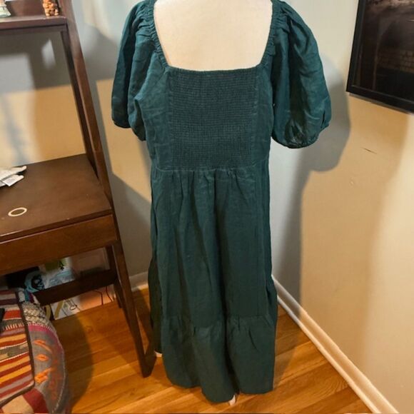 NWT Garnet Hill Linen Puff-Sleeve Midi Dress XL Teal Square Neck Cottagecore - Picture 6 of 11